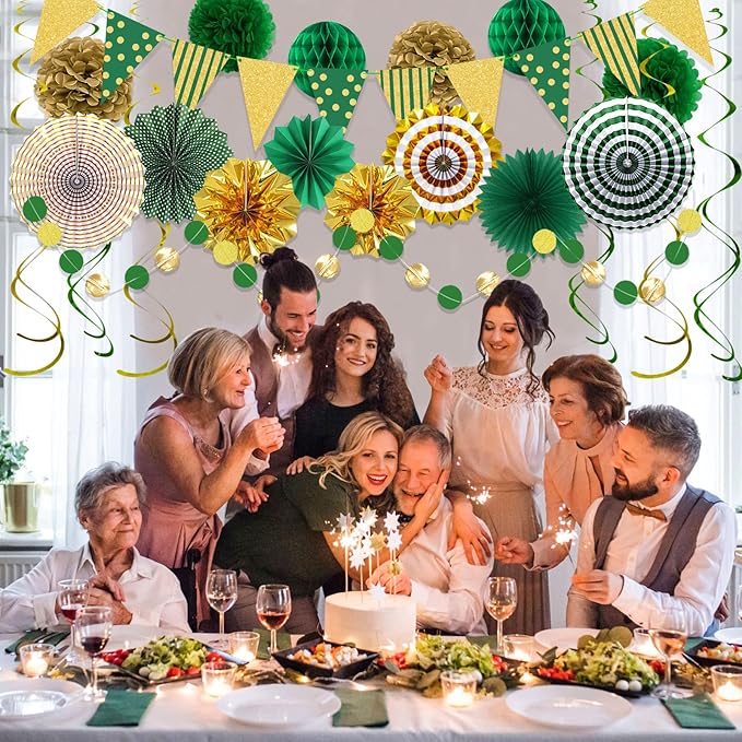 Green Gold Party Decorations Paper Fans, Graduation Season Hanging Glitter - Image 7
