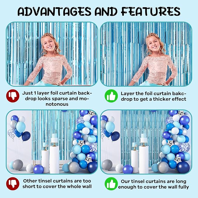 4 Pack 3.3x8.2 Feet Light Blue Foil Fringe Backdrop Curtains, Tinsel Streamers - Image 5