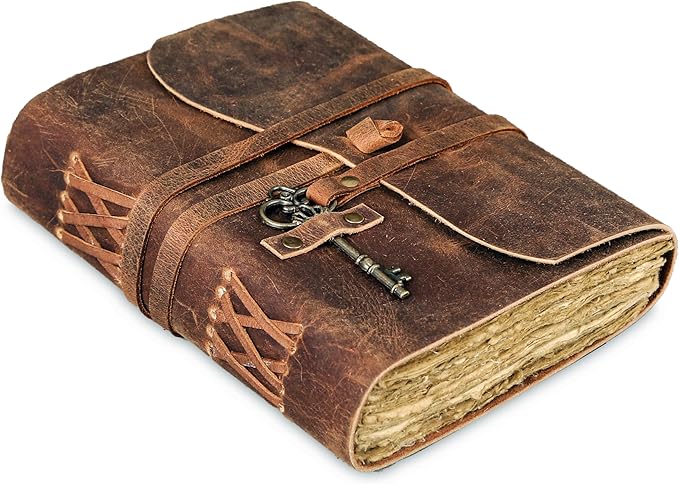 Leather Journal with Deckle Edge Paper 7x5 inch and Vintage Key | Handmade by KomalsPassionLeather
