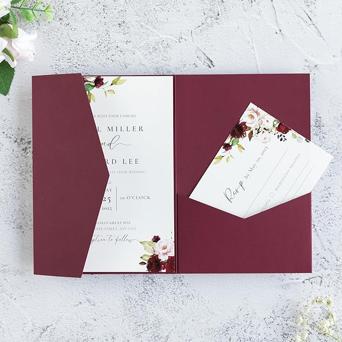 20 PCS Burgundy Tri-fold Laser Cut Wedding Invitation Pockets by FEIYI