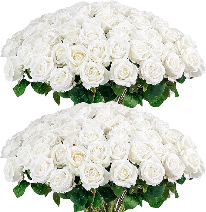 60PCS Artificial Roses Bulk, Realistic White Flowers by Auihiay