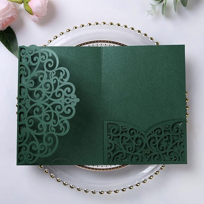 PONATIA 5.12 x 7.2 Emerald Green Laser Cut Invitation Cards by ponatia