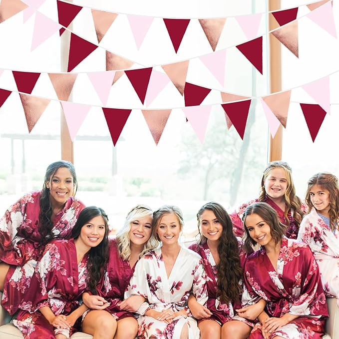 Burgundy Party Decorations Rose Gold Maroon Pink Fabric Triangle Pennant Banner - Image 5