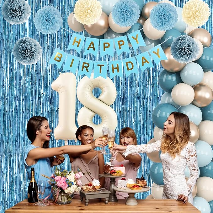Dusty Blue 18th Birthday Party Decorations Boys Girls Beige Cream Number 18 - Image 8