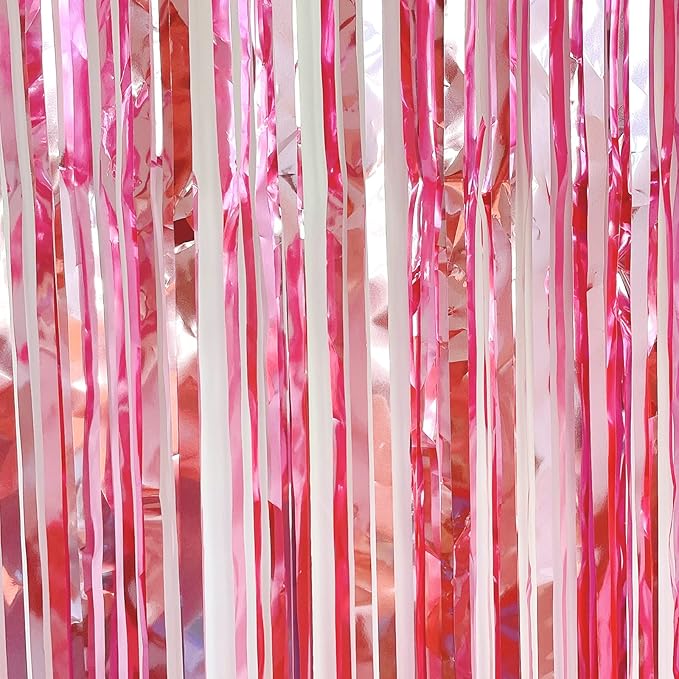 CHRORINE 2pcs 3ft x 8.3ft Pink Tinsel Foil Fringe Curtains Streamers Backdrop - Image 4