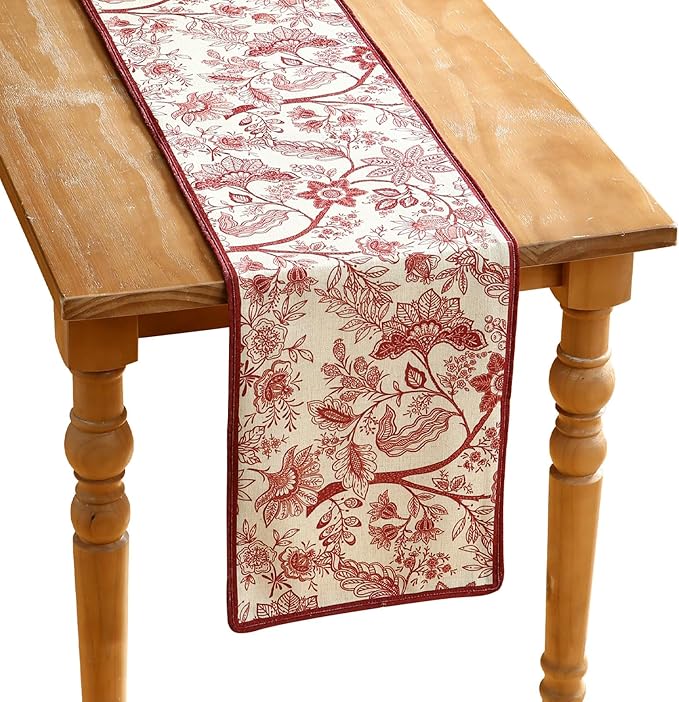 ISAENNE Designer Chinoiserie Elegant Linen Table Runner 87 Inches Long by Isaennehomedecoration