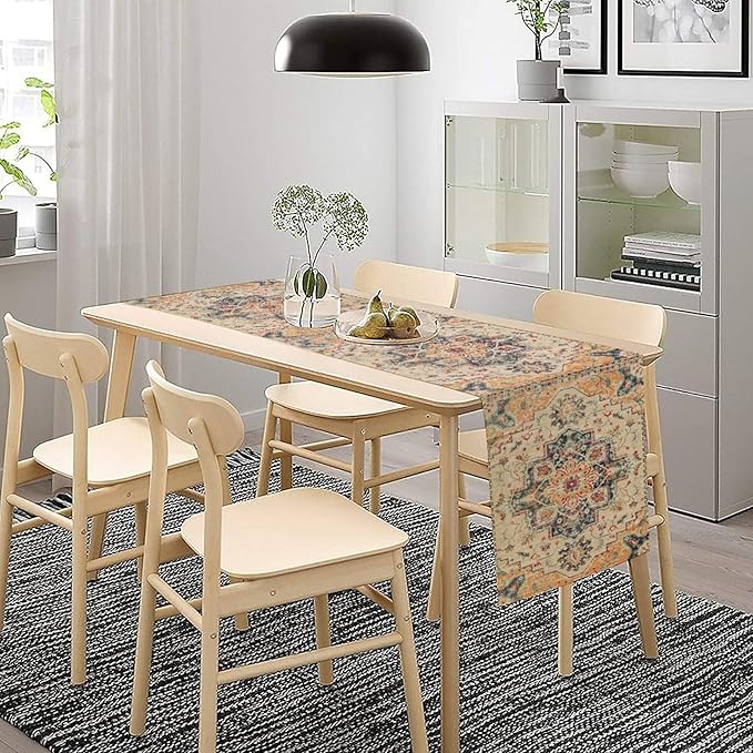 Bohemia Orange Table Runner, Rustic Farmhouse Vintage Geometric Floral Print - Image 3