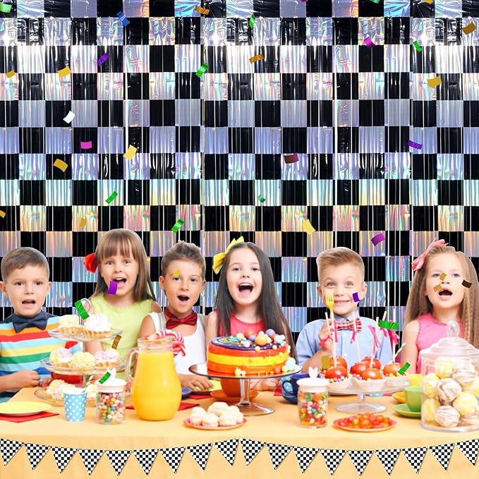 2 Pack 3.3Ft x 6.6Ft Race Car Checkered Foil Fringe Curtain Backdrop Decorations - Image 6