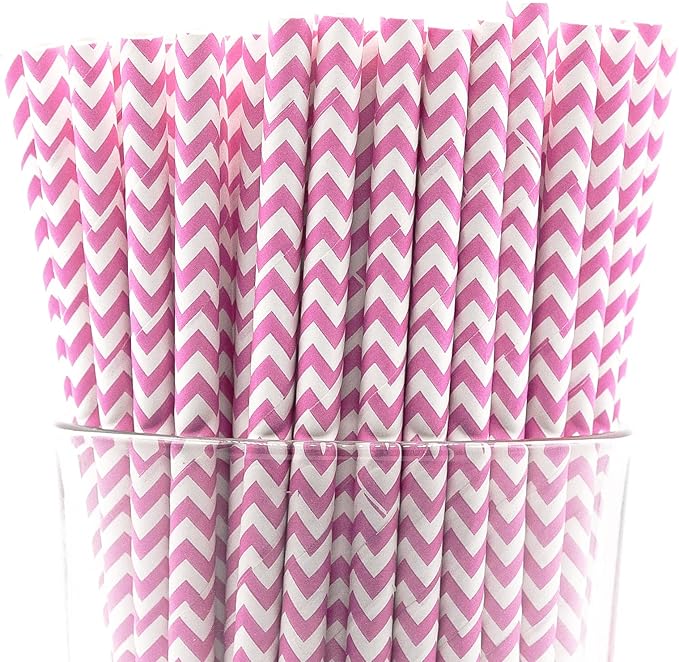 Pack of 900 Baby Pink Chevron Biodegradable 4-Ply Paper Drinking Straws by Stephanie+Imports