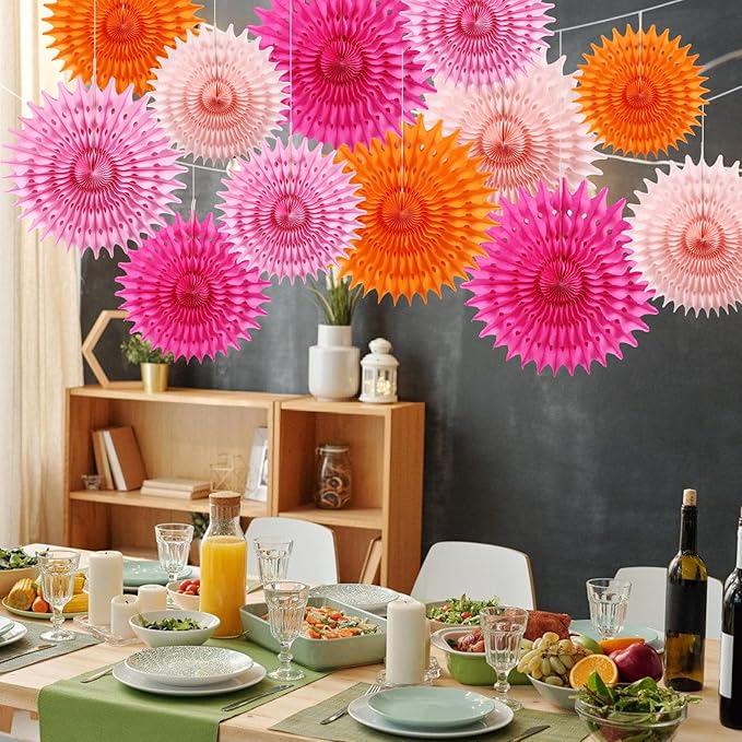 BestoFun 12PCS Paper Fans Orange and Hot Pink Party Decorations Tissue Paper - Image 6