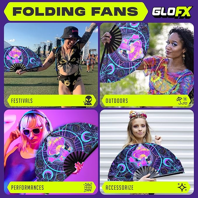 GloFX Rave Fan - UV Mushroom - Large Folding Fan - Music Festival Essential - Image 4