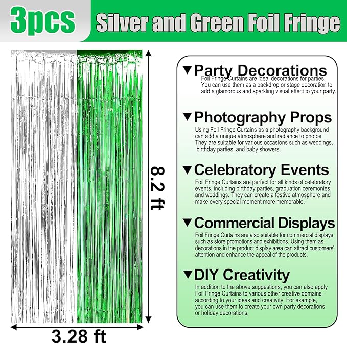 3 Pack Silver Green Foil Fringe Curtain Backdrop, 3.28Ft x 8.2Ft Metallic - Image 2