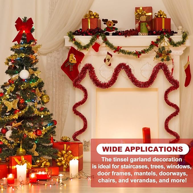 25 Feet Red Christmas Tinsel Garland, Metallic Foil Twist Banner Wall Hanging - Image 3