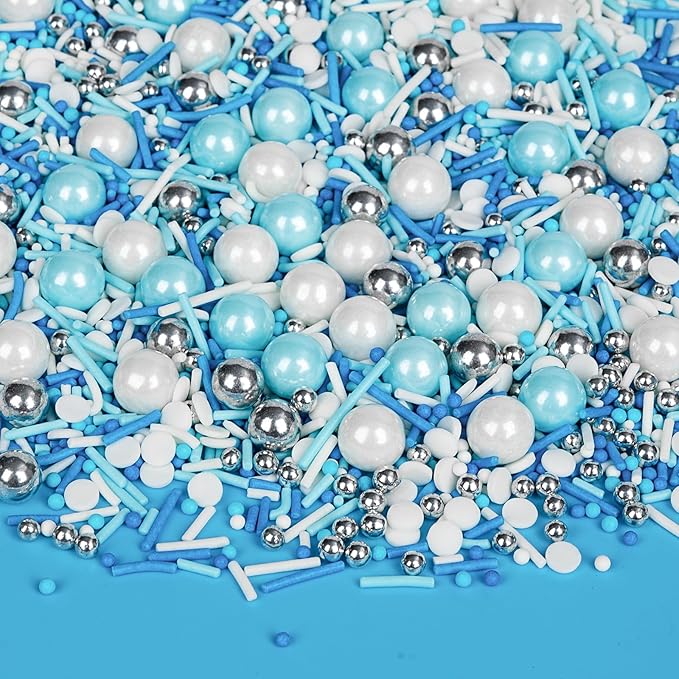 Edible Blue Silver White Sprinkles, Winter Jimmies Pearls Mix, 130g/4.58oz by Sugarzy