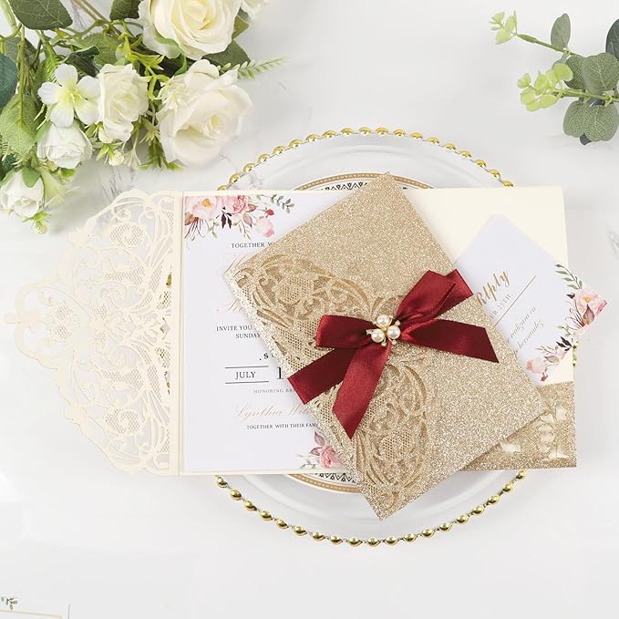 25pcs Gold Glitter Laser Cut Invitations Tri-Fold Blank Personalized Wedding by Maffily