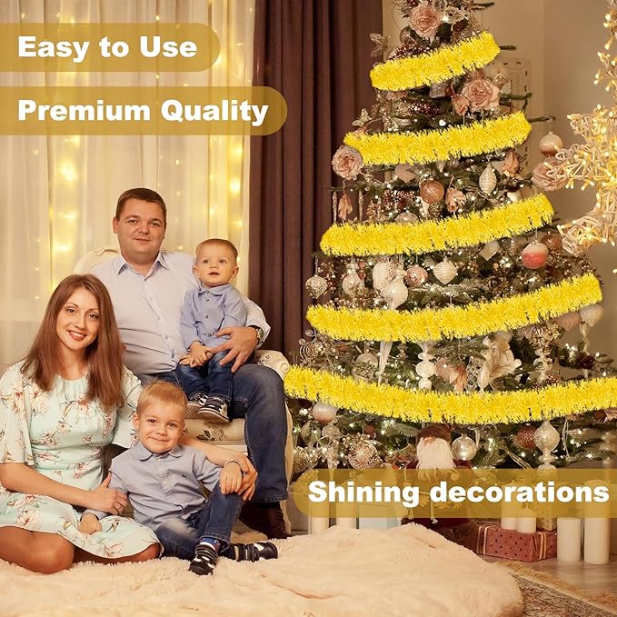 25 Feet Macaron Yellow Christmas Tinsel Garland, Metallic Foil Twist Banner - Image 4
