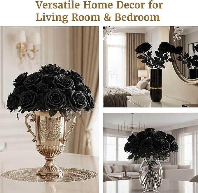 Auihiay 60PCS Black Fake Roses, Velvet Silk Artificial Roses, Realistic Roses - Image 6