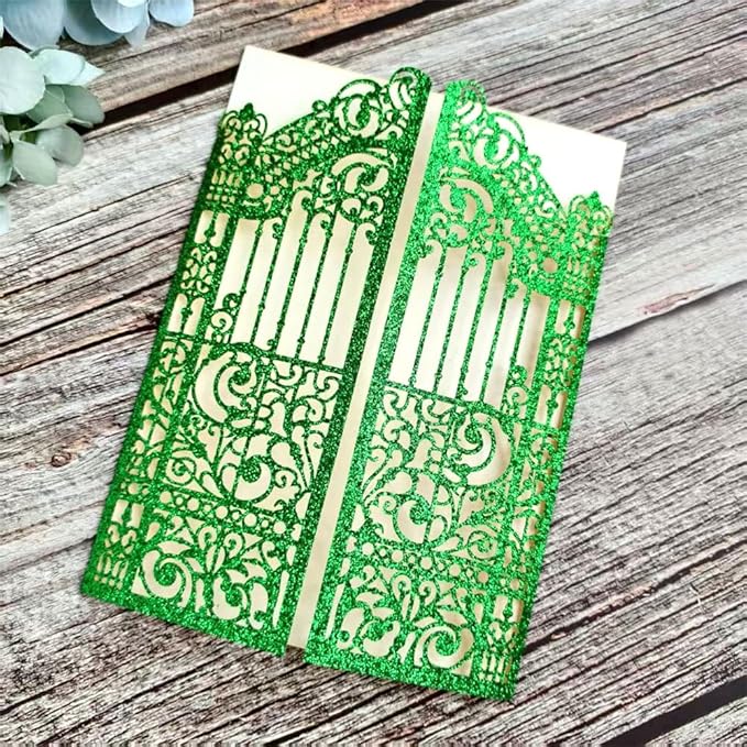 MillaSaw Glitter Green Gate Invitation Sleeve, Laser Cut Catle Invitation - Image 5