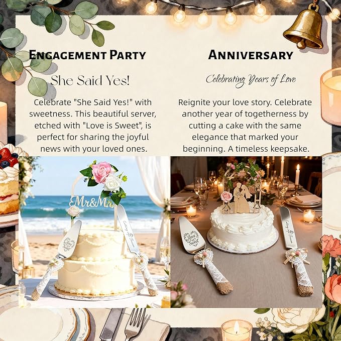 Wedding Cake Knife and Server Set – Rustic Lace Burlap Handle, Stainless Steel - Image 7