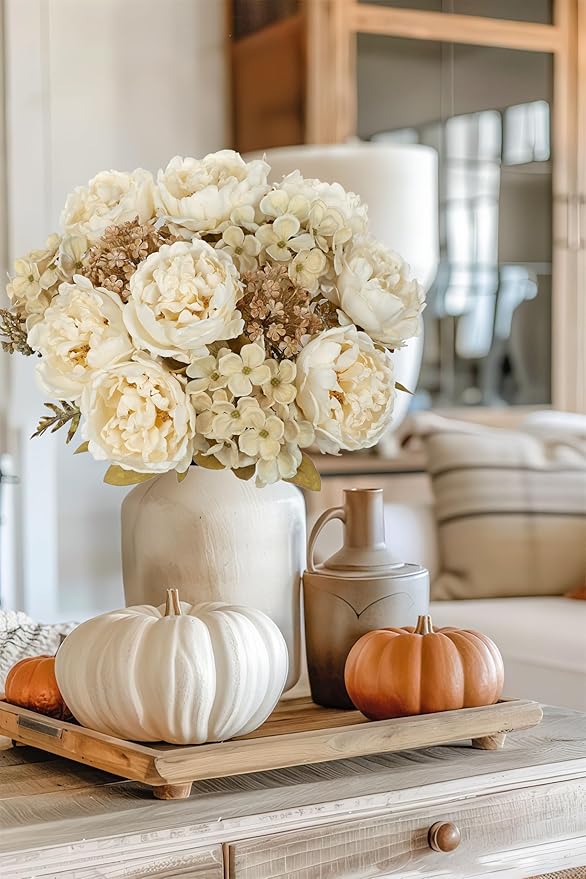 Hollyone 2Pcs Artificial Fall Flowers Bouquet 18.8" White Dried Peony Hydrangea - Image 4