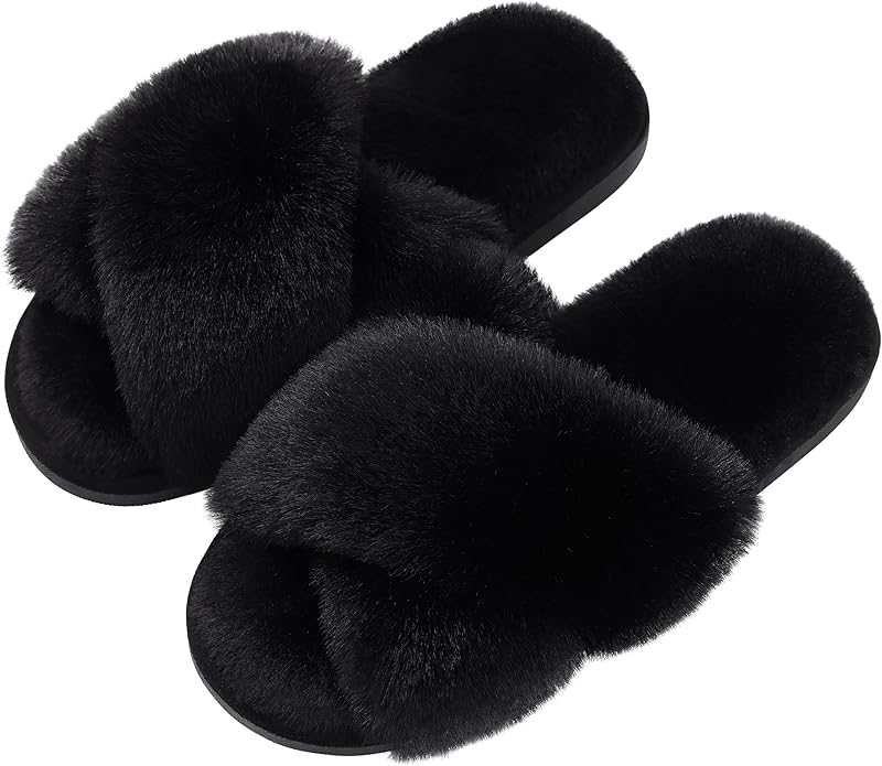 Evshine Women's Fuzzy Slippers Cross Band Memory Foam House Slippers Open Toe by Evshine