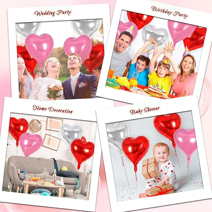 24 Pcs Red Pink Silver Heart Balloons, 18 inch Heart Foil Balloons Love - Image 7
