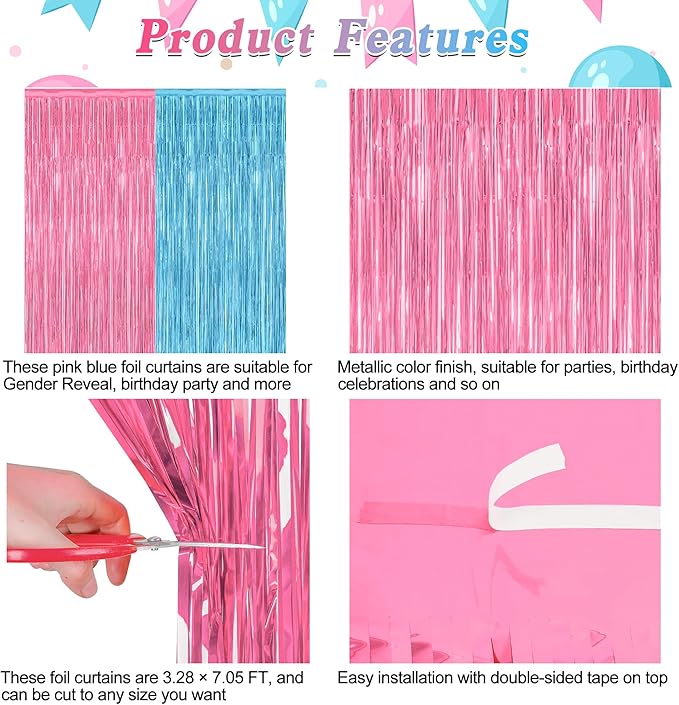 2 Pack Gender Reveal Decorations, 3.28 FT x 7.05 FT Pink and Blue Fringe - Image 4