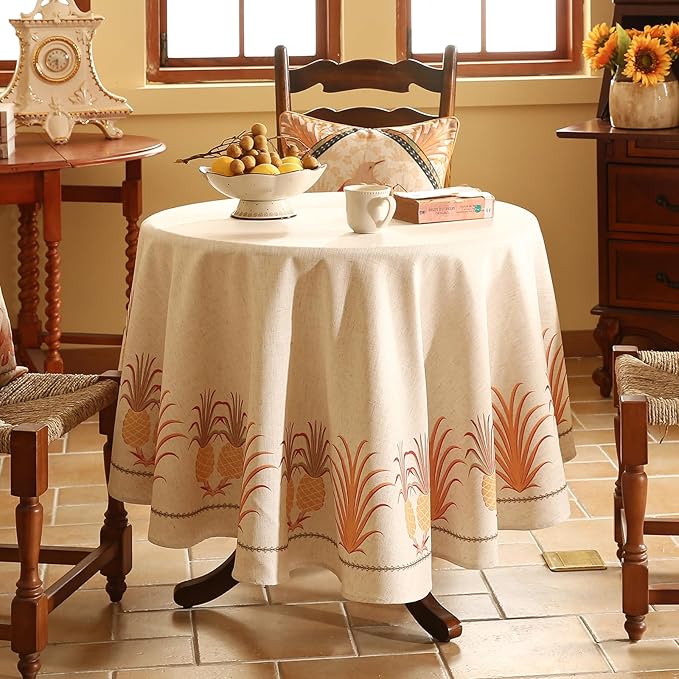 patdrea Designer Tablecloth for Round Table, Pineapple Pattern Linen Tablecloths - Image 2