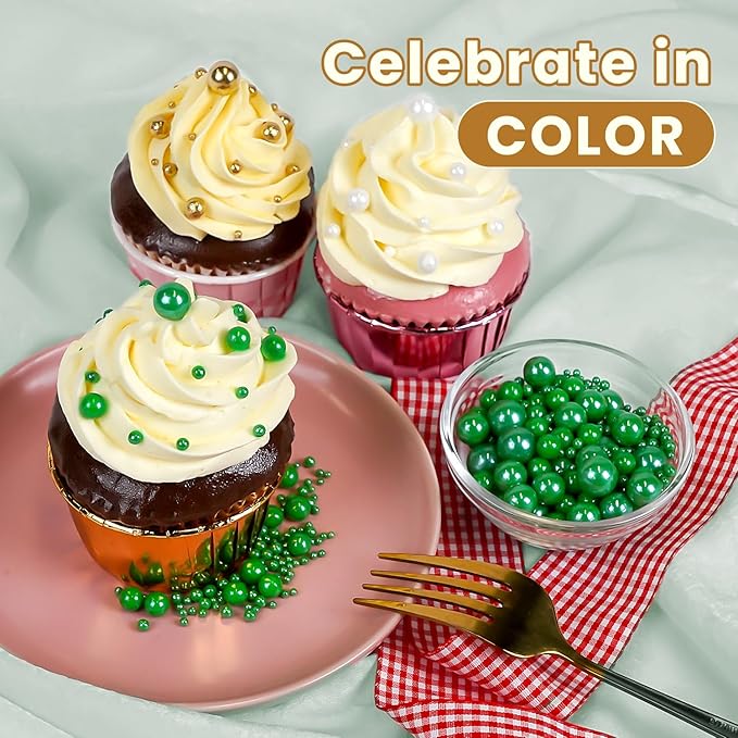 Christmas Edible Green Pearl Sprinkles, Edible Sugar Pearls - Image 2