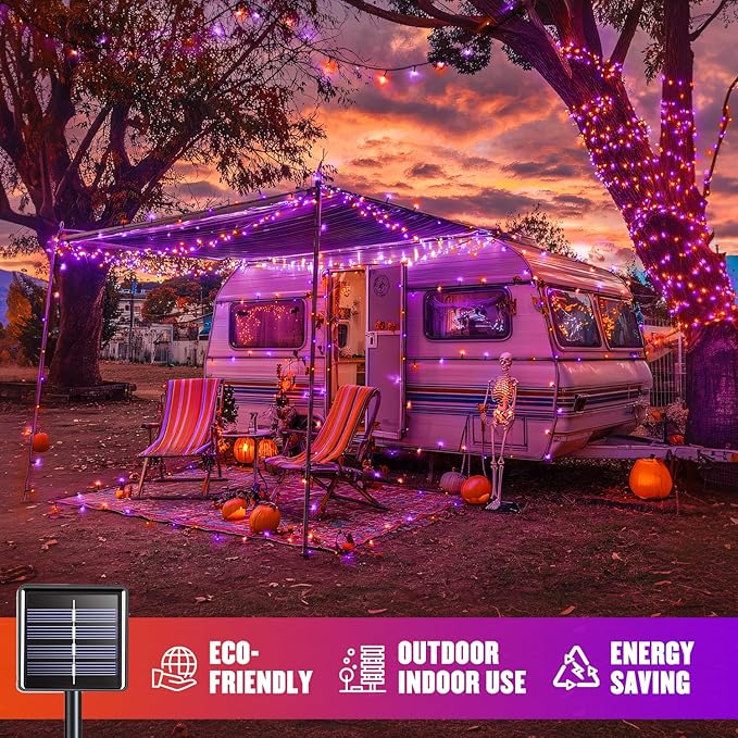 JMEXSUSS Orange and Purple Solar Halloween Lights, 2 Pack Each 100 Led Solar - Image 3