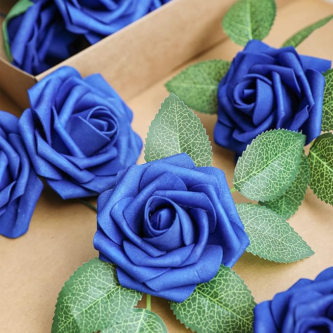 AmyHomie Artificial Flower Royal Blue Rose 25pcs Real Looking Fake Roses w/Stem - Image 2