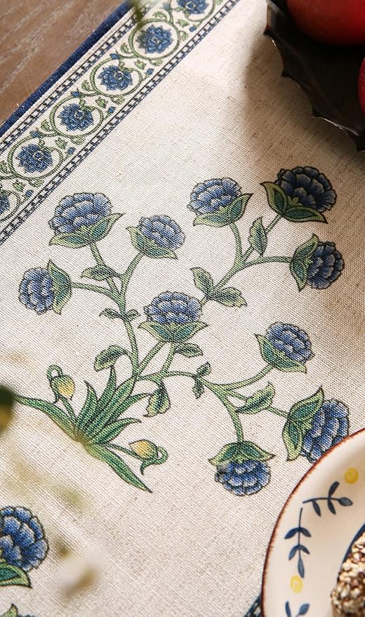 patdrea Designer Blue Rustic Elegant Floral Patterned Linen Table Runner 87 - Image 8