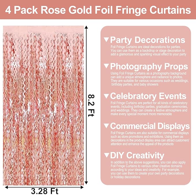 4 Pack Rose Gold Wave Foil Fringe Curtain Backdrop, 3.28Ft x 8.2Ft Metallic - Image 2