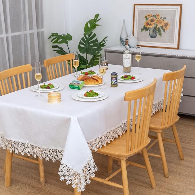 White lace Premium Rectangle Farmhouse Tablecloth Waterproof OilProof by BrekSdat