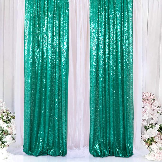ShinyBeauty Sequin Curtain 2 Panel Set Christmas Green Glitter Background - Image 7