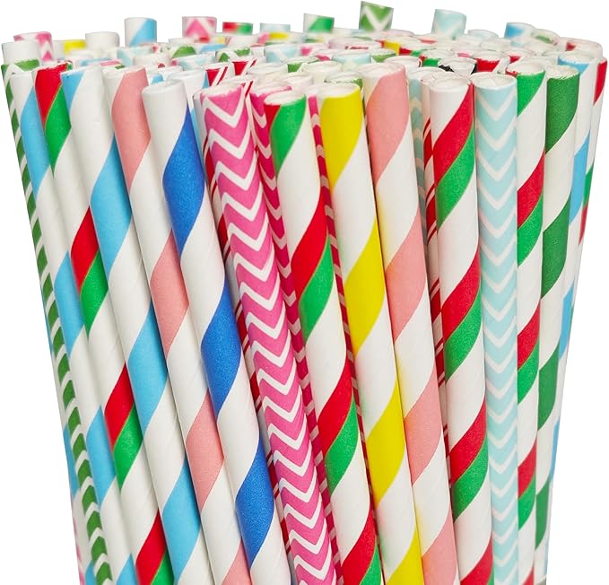 200 Colorful Biodegradable Paper Straws, Stochastic Assorted Striped Straw by PaperStraws