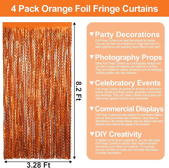 4 Pack Orange Wave Foil Fringe Curtain Backdrop, 3.28Ft x 8.2Ft Metallic Tinsel - Image 2