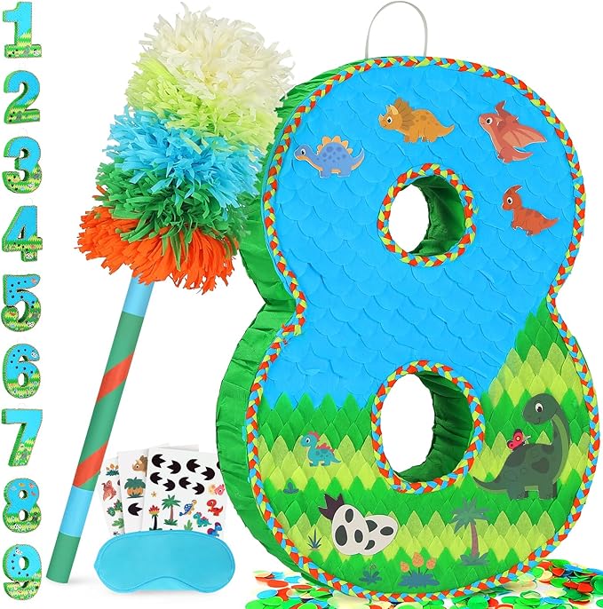 Number 8 Pinata for Birthday Party Decorations, Jungle Dinosaur Piñata Games Toy by Pardecor