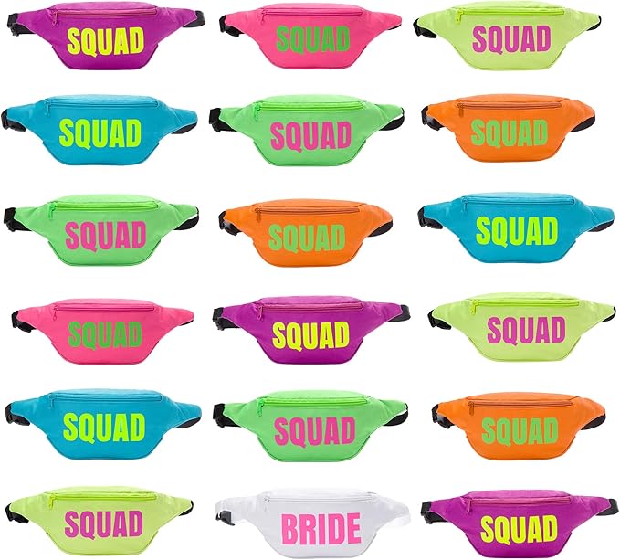Bachelorette 80s Fanny Pack Set | 18 Pack | 1 Bride Fanny Pack and 17 Squad by PopFizzDesigns
