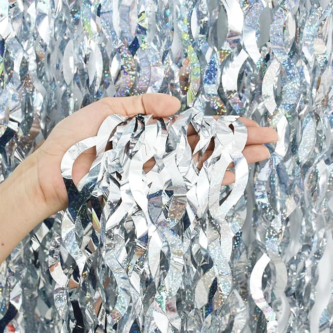 TONIFUL 3Pcs Wavy Metallic Tinsel Foil Fringe Curtains Silver Streamer Backdrop - Image 3