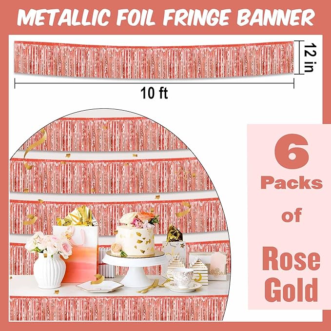 6 Pack 10 Ft Rose Gold Foil Fringe Garland Metallic Streamers Tinsel Banner - Image 2