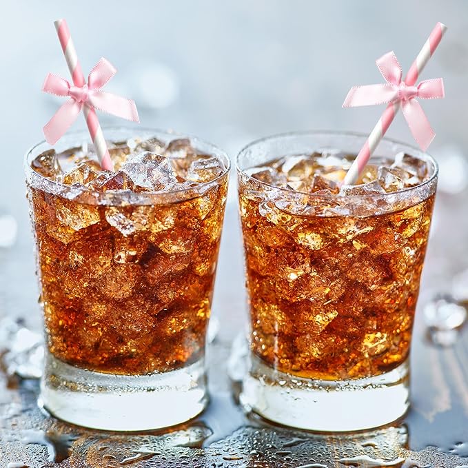 150 Pcs Pink Paper Straws for Drinking, Bow Disposable Striped Paper Straws - Image 7
