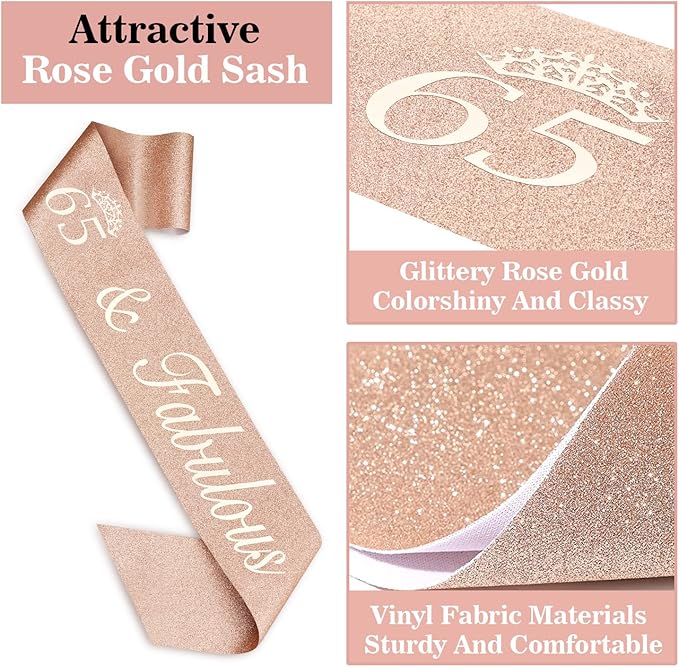 65th Birthday Decorations for Women, Including Sash, Crown/Tiara, Cake Topper - Image 4