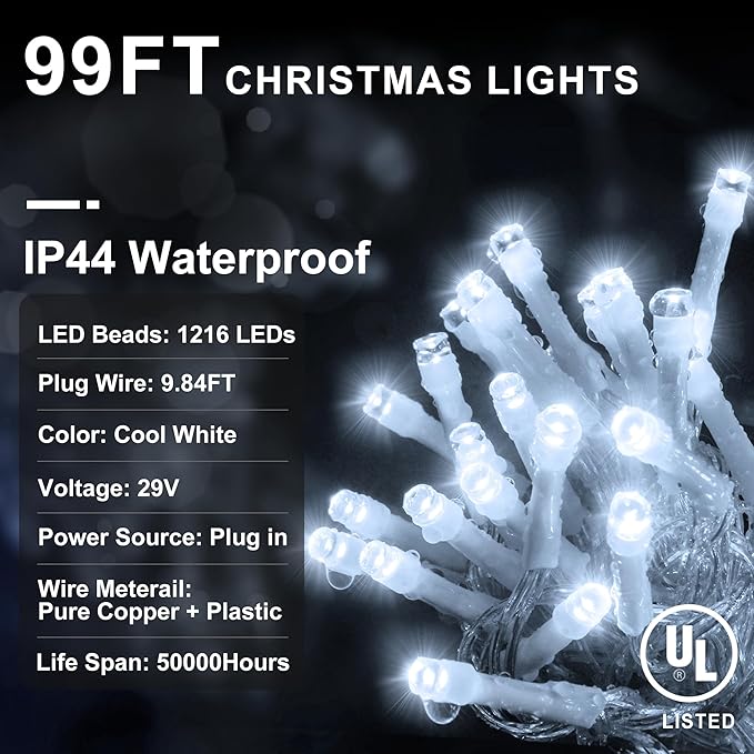 KNONEW 99FT 1216 LED Christmas Lights Outdoor Decorations 8 Modes White Curtain - Image 7