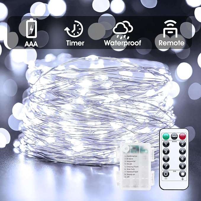 66Ft 200 LED Outdoor String Lights, Pure White Fairy Lights Battery Operated - Image 2