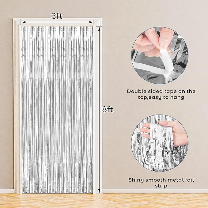 BTSD-home Silver Foil Fringe Curtain, Metallic Photo Booth Backdrop Tinsel Door - Image 3