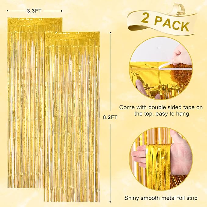2 Pack Laser Gold Foil Fringe Backdrop Curtains, Tinsel Streamers Birthday - Image 3