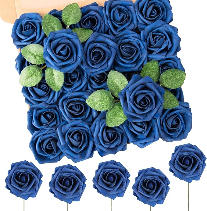 N&T NIETING Artificial Flowers Navy Blue Roses 50Pcs Fake Flowers Foam Roses by NTNIETING
