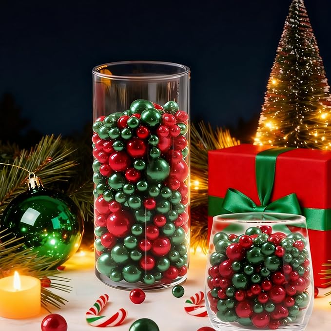 260Pcs Red&Green Glossy Beads for Centerpiece Decor, Artifical Pearls Vase - Image 4