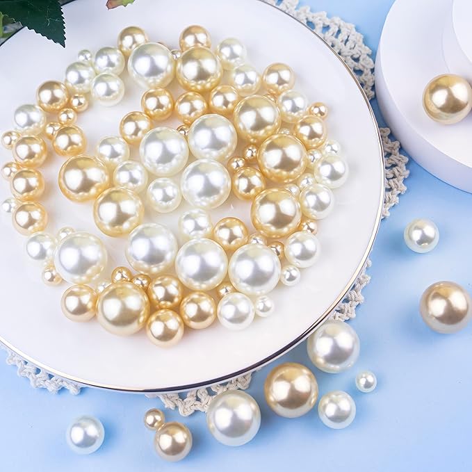 150Pcs Cream&Gold Polished No Hole Faux Pearl Beads - Image 3
